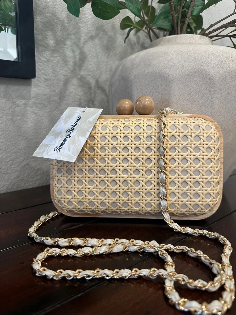Tommy Bahama Cream Woven Rattan Clutch with Gold-Trim Chain